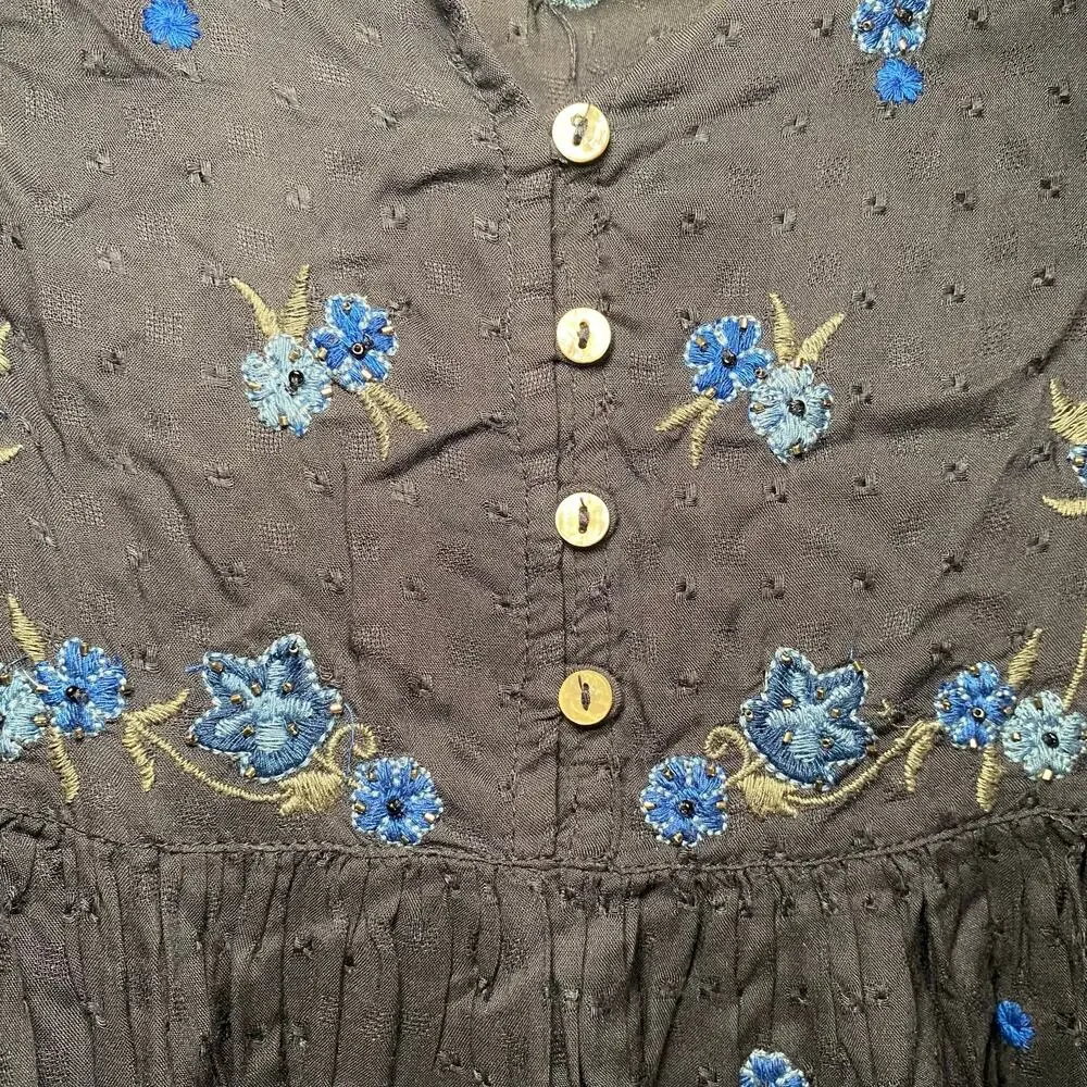 NWT Free People Navy Blue Floral Embroidered Beaded Flowy Blouse Women's Small